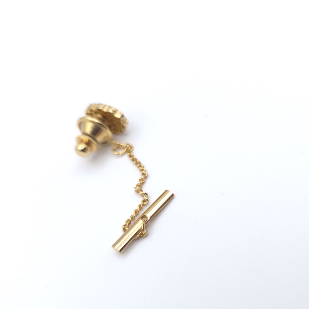 Vintage Gold Tone Goldstone Tie Tack with Safety Chain and T-Bar Scalloped Frame - Picture 2 of 5